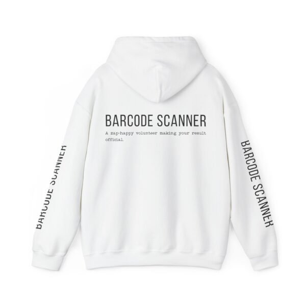 Barcode Scanner parkrun volunteer white hoodie back hood down