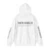 Token handler parkrun volunteer white hoodie back hood up