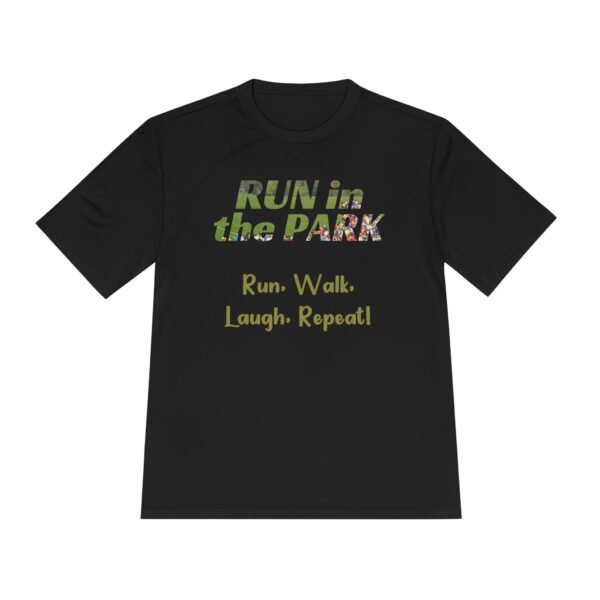 Run, Walk, Laugh, Repeat, fun slogan wicking t-shirt