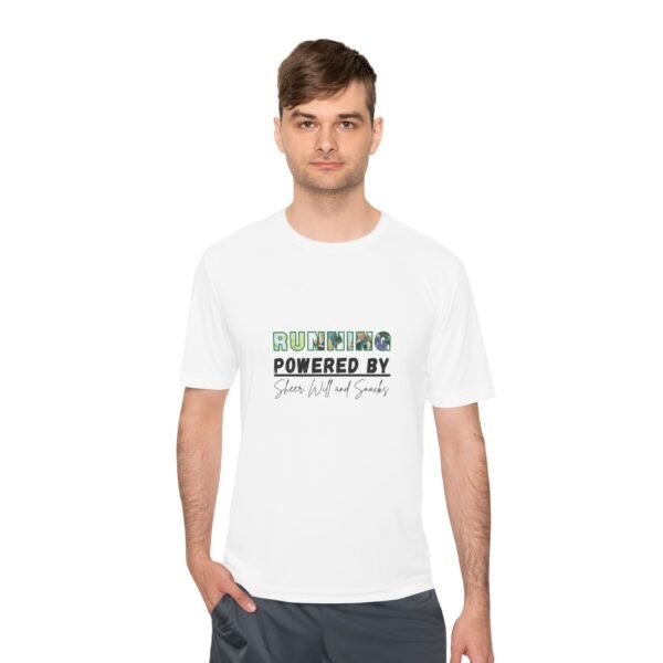 Running: Powered by Sheer Will and Snacks. wicking t shirt