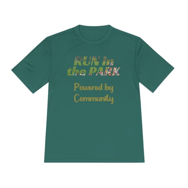 Powered by Community, fun slogan wicking t-shirt