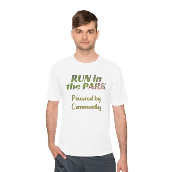 Powered by Community, fun slogan wicking t-shirt